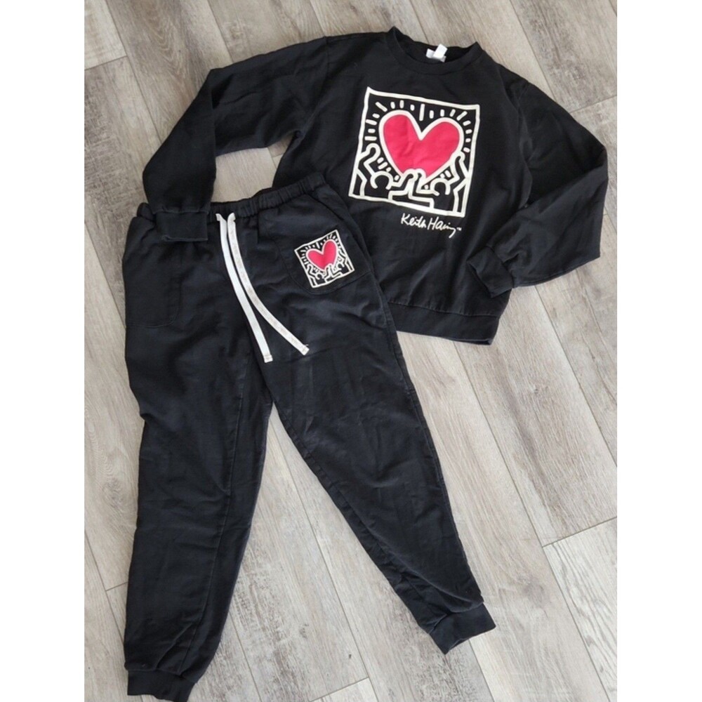 Keith Haring Soft Lounge Set Long Sleeve Crew & Joggers Black & Red Heart